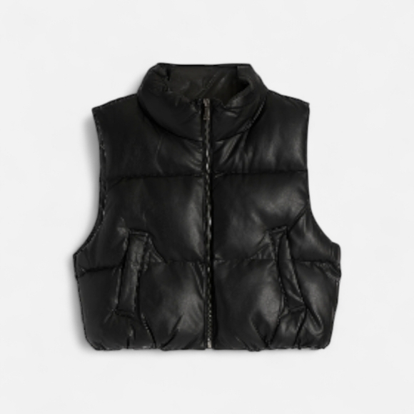 Double Zero Jackets & Blazers - Double Zero Girls Junior L Black Faux Leather Cropped Puffer Vest Standup Collar